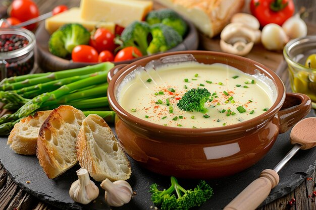 Foto panela de fondue de queijo com vegetais e pão para mergulho