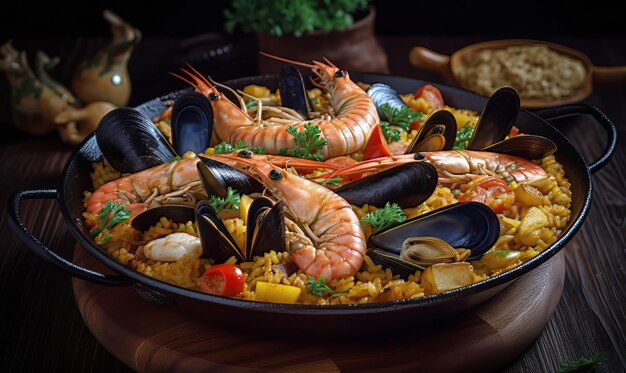 Foto panela de frutos do mar com camarão e arroz e legumes