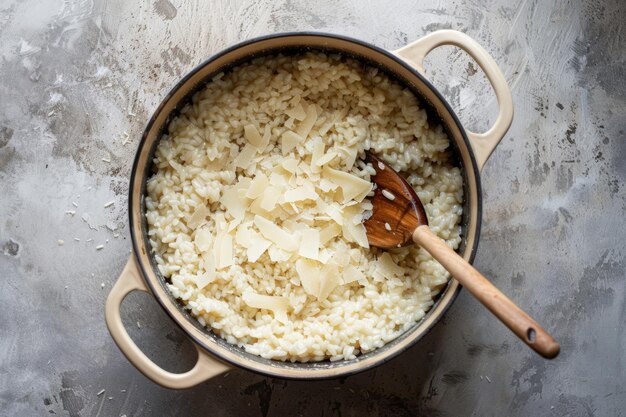 Panela de risoto com flocos de queijo e colher de madeira IA generativa