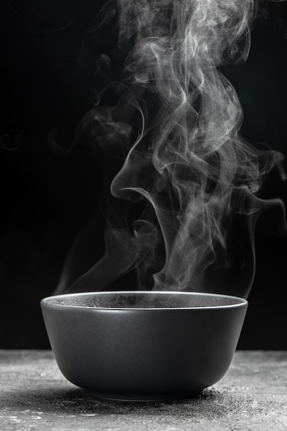Panela fumegante em fundo preto Conceito de comida quente Tigela de vapor quente de sopa quente com fumaça
