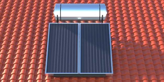 Paneles de calentador de agua solar y caldera en techo de tejas ilustración 3d de fondo