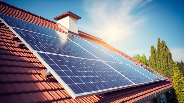 paneles de energía solar en el techo de la casa por la tarde al atardecer