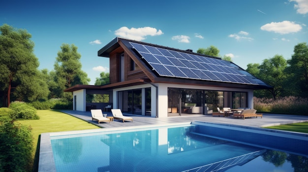 Foto paneles fotovoltaicos generadores solares mini planta de energía para el hogar gran casa de campo paneles fotovoltaicos bajo un cielo azul paneles solares azules tecnologías fotovoltaicas energía sostenible ia generativa