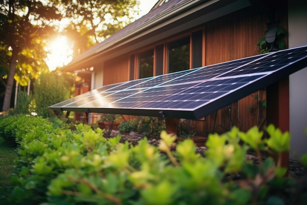 Paneles fotovoltaicos en el patio trasero Edificio vivo con batería solar Suministro autónomo de electricidad a casa de campo utilizando energía solar Concepto de recursos sostenibles