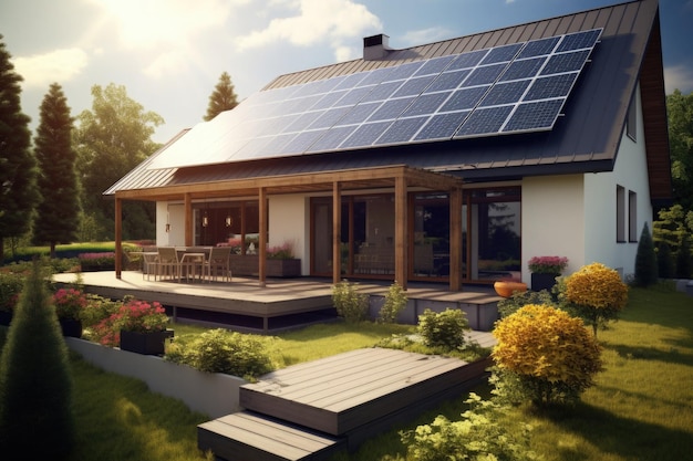 Paneles fotovoltaicos en el techo Edificio habitable con batería solar Suministro autónomo de electricidad a la casa de campo utilizando energía solar Concepto de recursos sostenibles