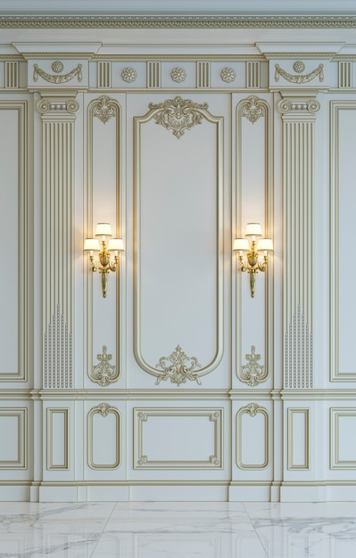 Paneles de pared blancos en estilo clásico con dorado. Representación 3D
