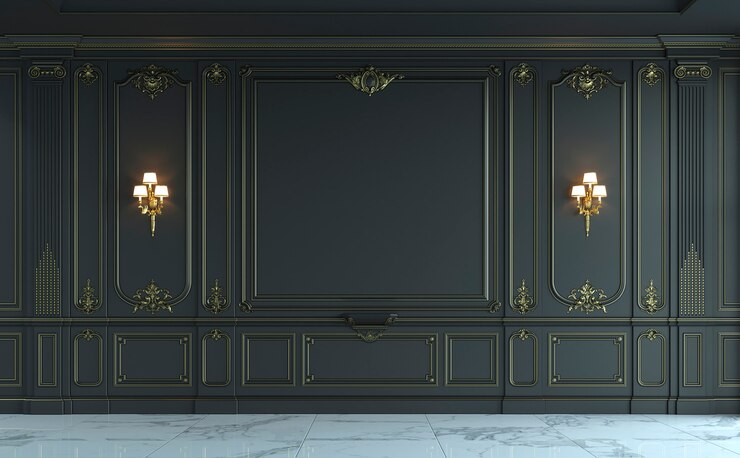 Paneles de pared negros en estilo clásico con dorado. Representación 3D