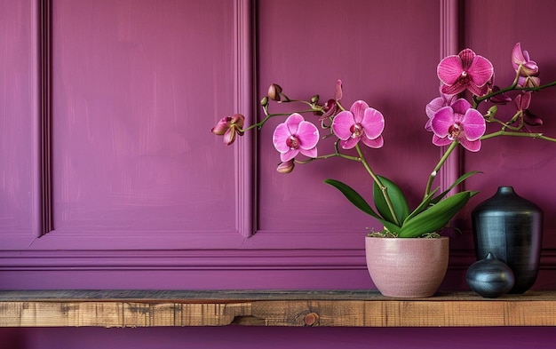 paneles de pared viva magenta con estantería de madera en la cocina