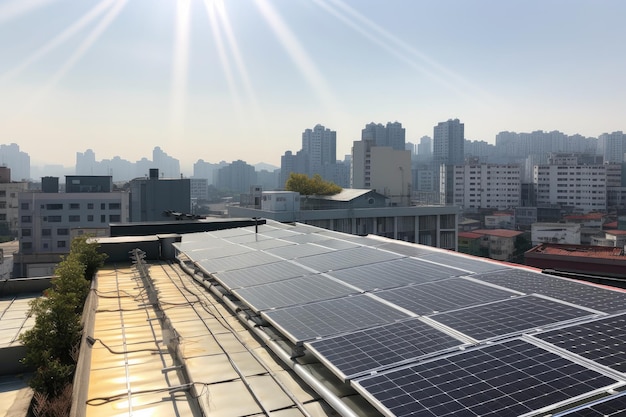 Paneles solares en una azotea con vista al horizonte en una ciudad bulliciosa creada con IA generativa