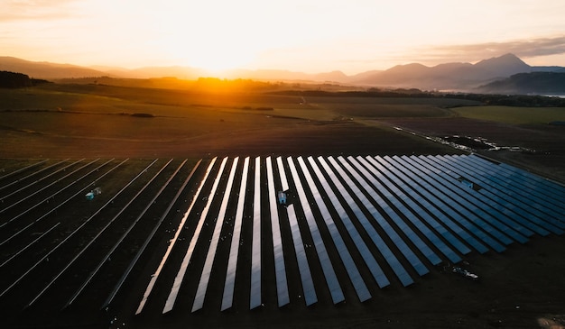 Paneles solares azules Módulos fotovoltaicos para energías renovables Vista aérea del panel solar Fuente de electricidad alternativa