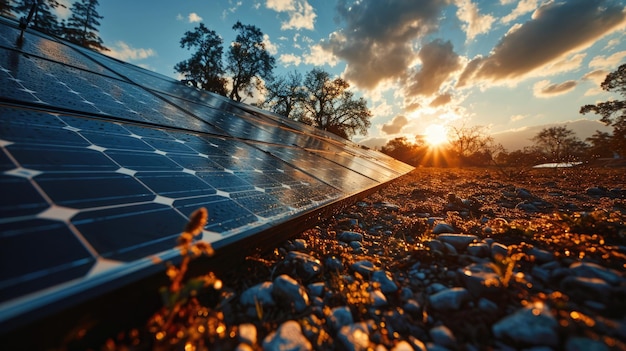 Foto paneles solares en el campo al atardecer fuente de energía alternativa concepto de energía renovable