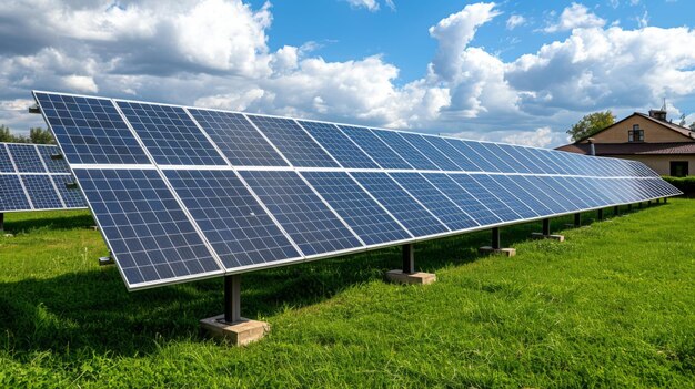 Foto paneles solares en el campo en la central fotovoltaica que representan la energía verde