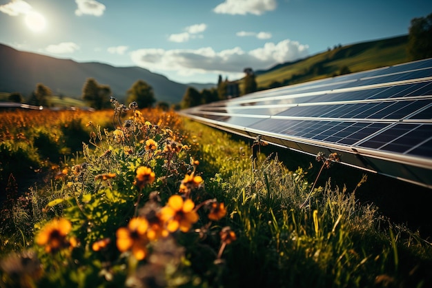 Paneles solares en un campo espacioso entre flores cerca de un arroyo Una forma alternativa de obtener energía Energía verde amistad ecológica Generación de IA