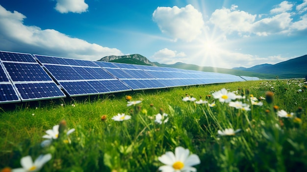 Paneles solares en un campo con hierba verde y flores IA generativa