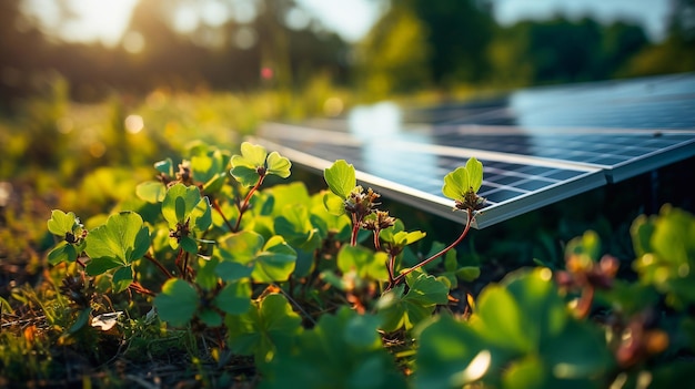 Paneles solares en un campo con hierba verde y flores IA generativa