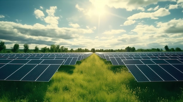 Paneles solares en campo verde con sol