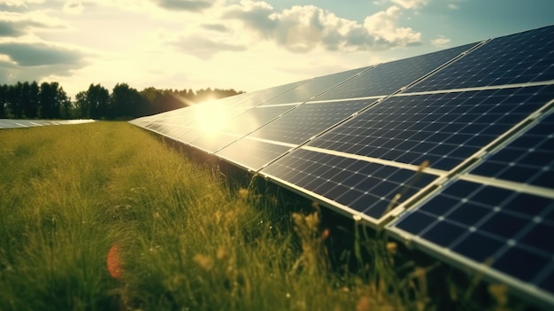 Paneles solares en campo verde con sol