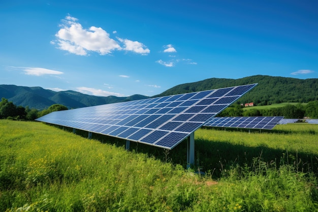 Paneles solares en los campos de las colinas verdes concepto de fuente de electricidad alternativa