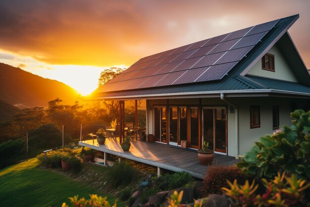 Foto paneles solares en una casa moderna con techo que refleja la luz solar