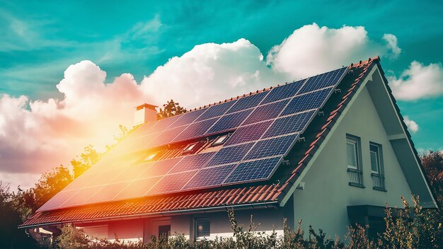 paneles solares en una casa con el sol brillando a través de las nubes