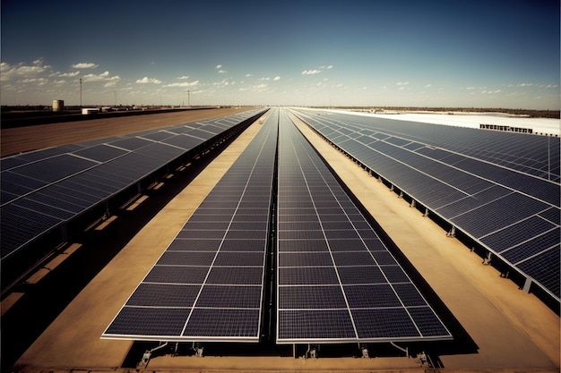 Paneles solares celda solar en granja solar con cielo azul IA generativa