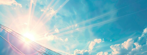 Paneles solares bajo un cielo azul con rayos de sol en el fondo