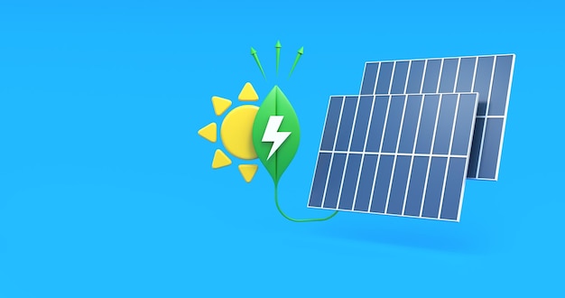 Paneles solares y concepto de energía verde ilustración en fondo azul renderización 3D