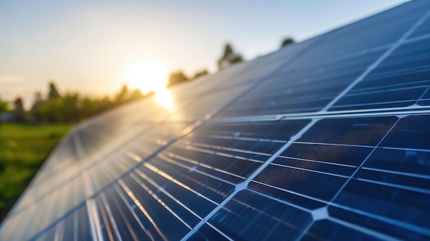 Paneles solares ecológicos que recogen energía al atardecer