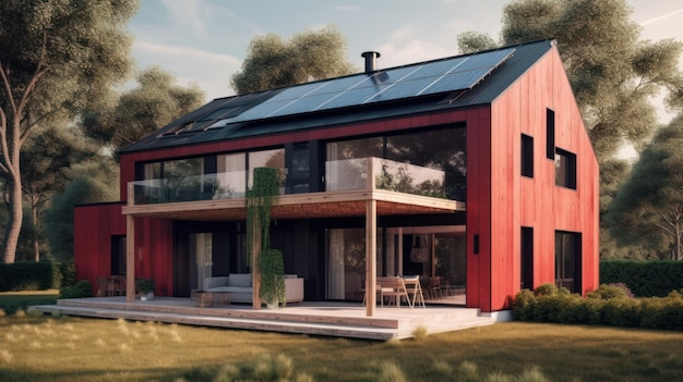 Paneles solares de energía verde alternativa en la azotea de la casa IA generativa