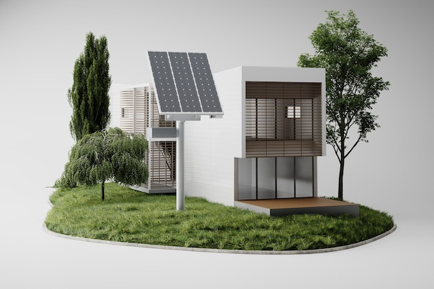 Paneles solares, energía verde para el hogar, fondo blanco, ilustración 3d.