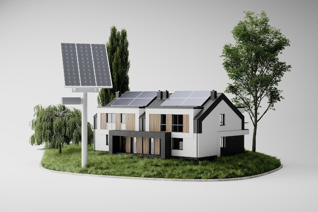 Paneles solares, energía verde para el hogar, fondo blanco, ilustración 3d.