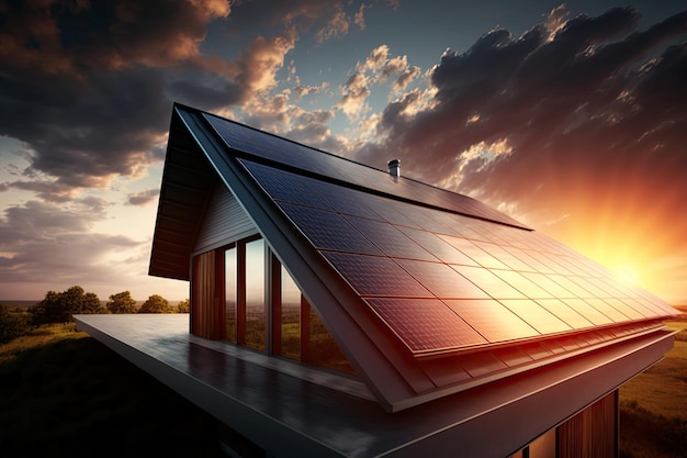 Paneles solares para energía verde renovable en el techo de una casa moderna al atardecer IA generativa