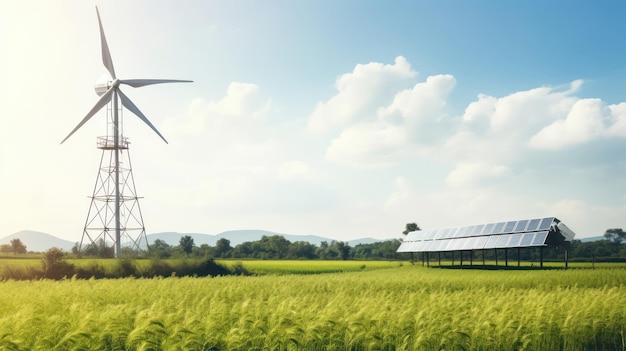 Paneles solares y equipos de generación de energía eólica en una granja verde
