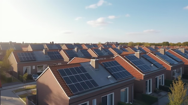 Los paneles solares están instalados en los techos de tejas de una hilera de casas modernas en un suburbio con calle verde