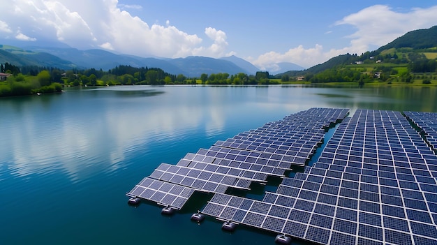 Paneles solares flotantes que cubren la superficie del lago IA generativa