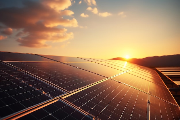 Paneles solares en el fondo del atardecer Concepto de energía alternativa Renderización 3D