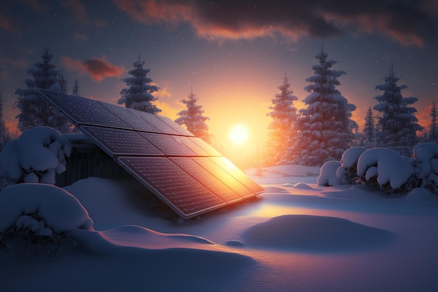 Paneles solares fotovoltaicos con un amanecer de fondo