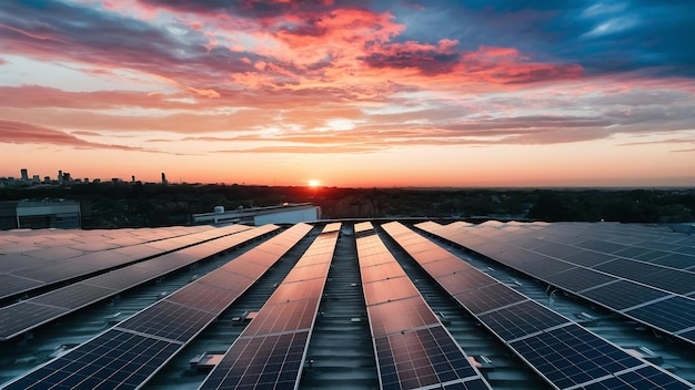 Paneles solares fotovoltaicos azules montados en el techo de un edificio para producir electricidad ecológica limpia