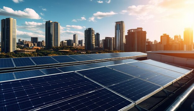 paneles solares fotovoltaicos frente a la ciudad