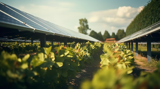 paneles solares fotovoltaicos en una granja que cultiva verduras IA generativa