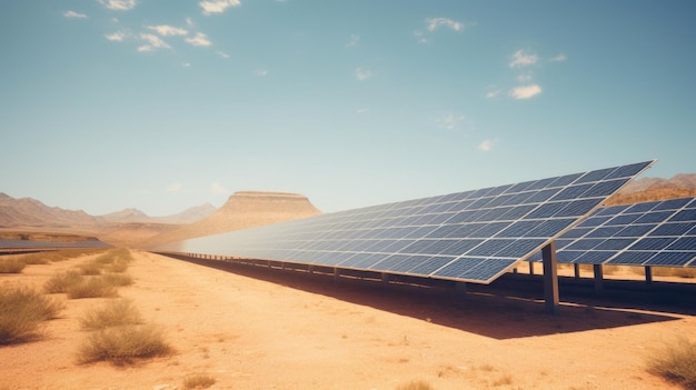 Paneles solares fotovoltaicos instalados en el desierto en un día soleado y caluroso energía renovable verde