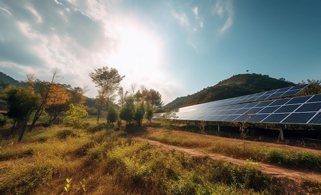 Paneles solares en una granja solar en Europa al atardecer
