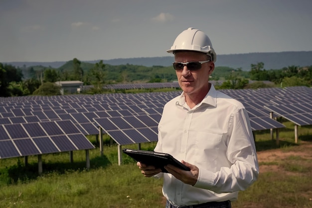 Paneles solares de granja solar con ingenieros que usan una tableta para verificar el funcionamiento del sistema Energía alternativa para la conservación de energía mundial Concepto de módulo fotovoltaico para generación de energía limpia