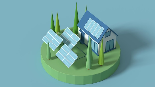 Los paneles solares para el hogar y la ecología de producción son un concepto de ahorro de energía para obtener energía gratuita del sol Ecofriendly smart city 3d rendering