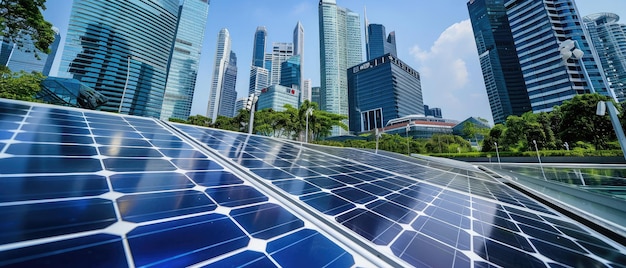 Paneles solares con el horizonte de la ciudad moderna en el fondo