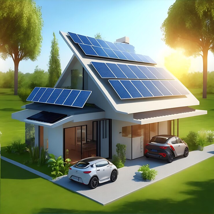 Paneles solares en la idílica casa 3D Recurso natural de energía IA generativa