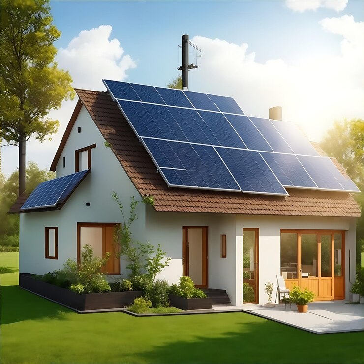 Paneles solares en la idílica casa 3D Recurso natural de energía IA generativa