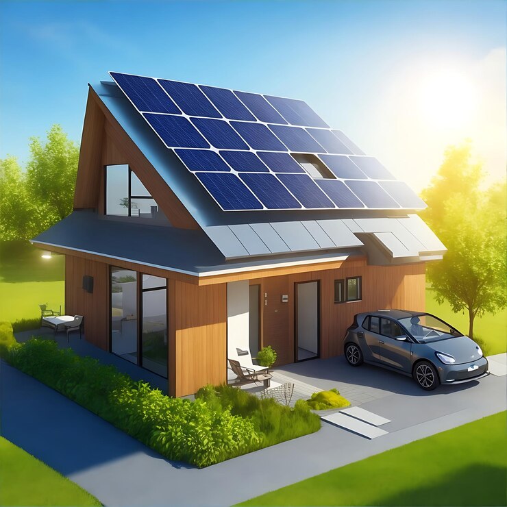 Paneles solares en la idílica casa 3D Recurso natural de energía IA generativa