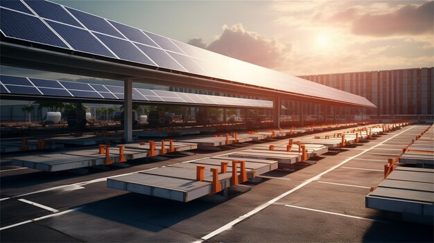 Foto paneles solares instalados en el estacionamiento de un concesionario de automóviles energía solar