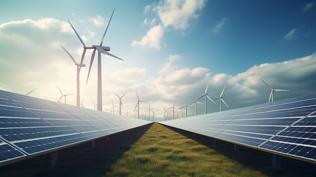 paneles solares y molinos de viento en el campo una fuente de energía alternativa